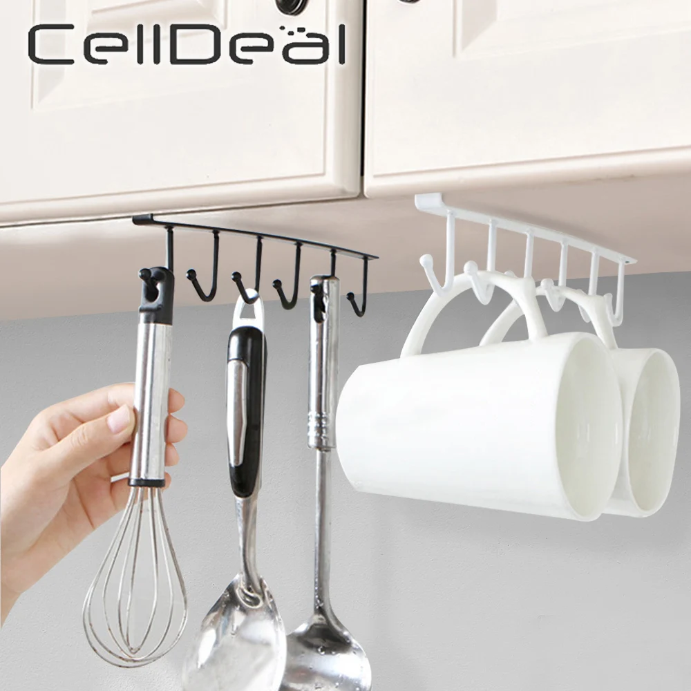 

6 Hooks Cup Holder Iron Kitchen Storage Rack Wardrobe Cabinet Metal Shelves Multifunction Bathroom Kitchen Sundries Organizer