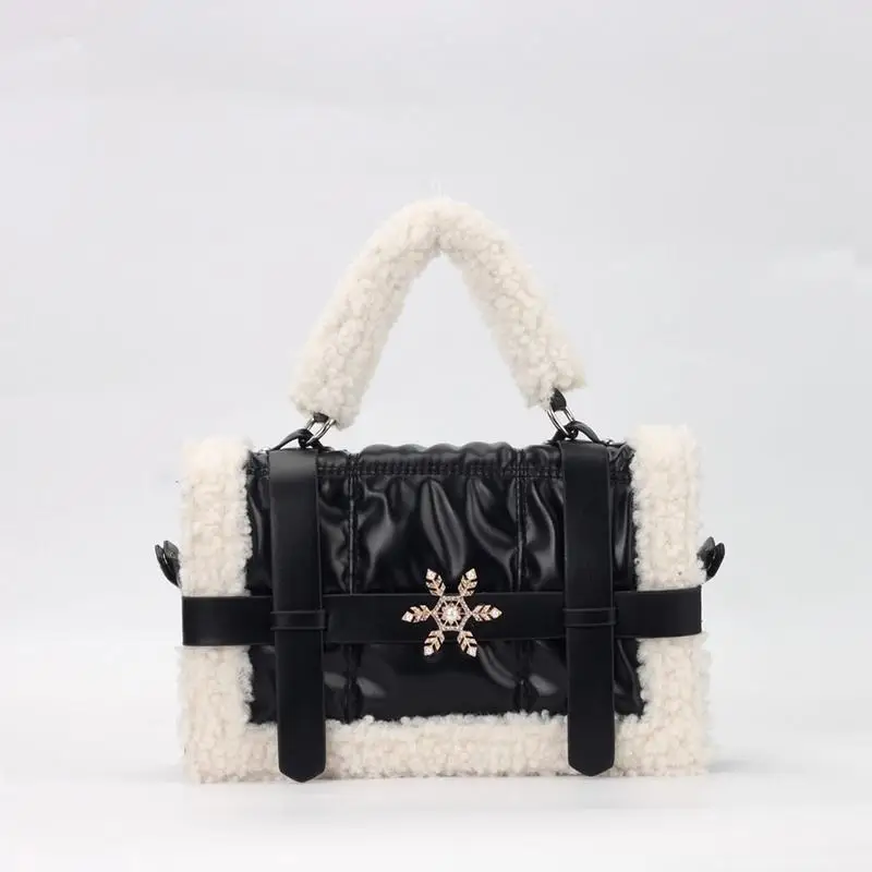 Popular Lamb Wool Bag Women New Fashion Furry Handle Single Shoulder PU Leather Texture Messenger Bag Soft Handbag Totes