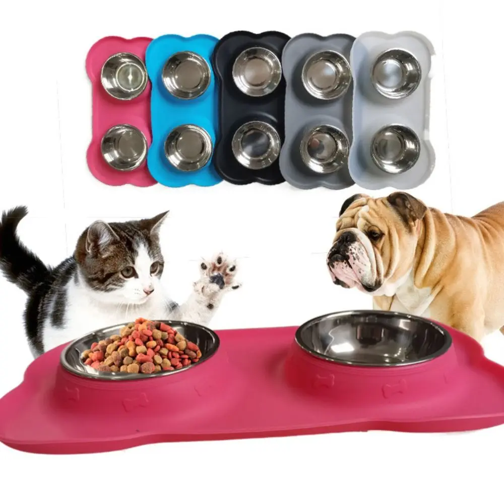 

Silicone Mat Pet Double Bowl Pet Supplies No Spill Stainless Steel Feeding Bowl Anti-slip Water Food Feeder Dog Cat