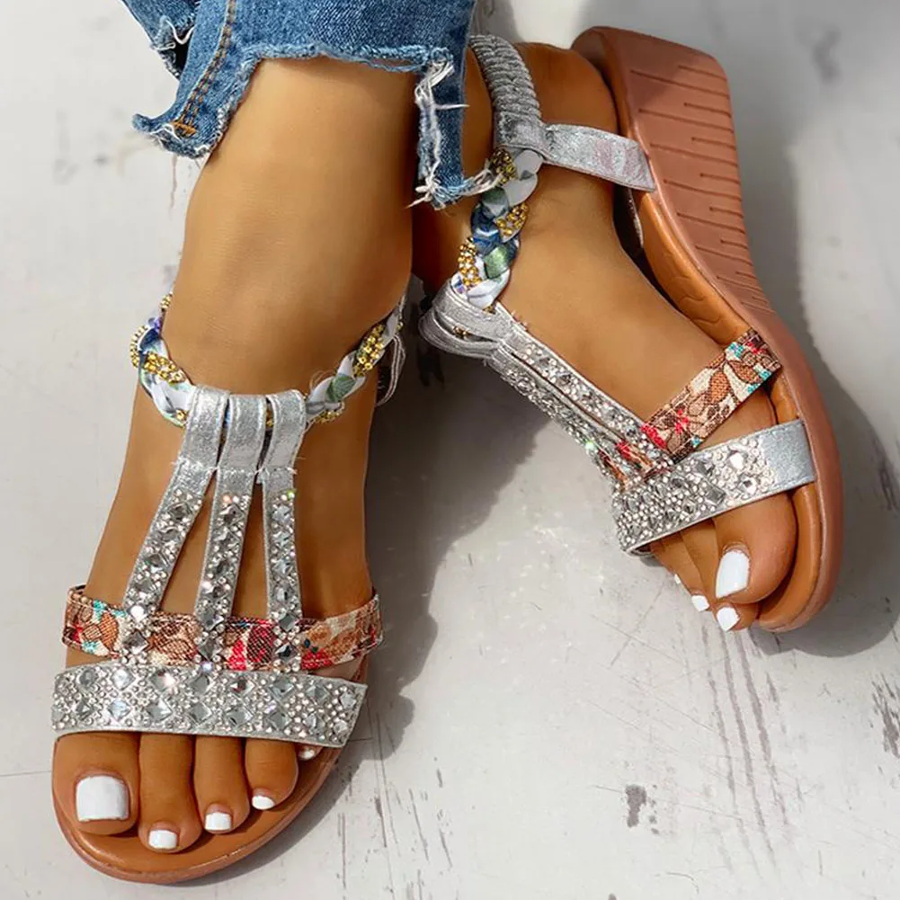 

2023 New Gladiator Wedge Heels Elastic Band Crystals Summer Women Shoes Woman Sandals Leisure Beach Sandals Large Size 35-42