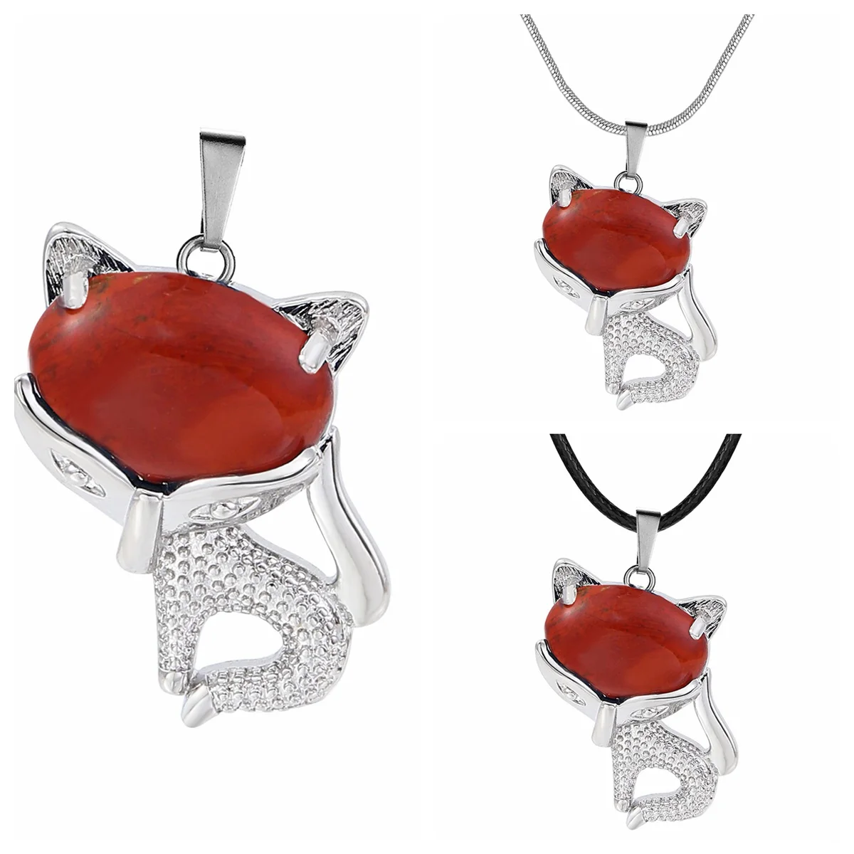 

Red Jasper Luck Fox Necklace for Women Men Healing Energy Crystal Amulet Animal Pendant Choker Jewelry Gifts 18" Chain