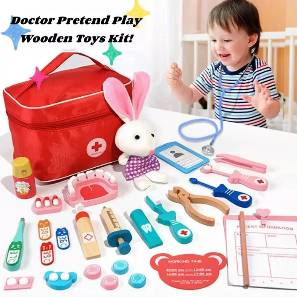 

Kids Role Playing Pretend Toy Wooden Pretend Play Doctor Educational Toys for Children Medical Simulation Medicine Chest Set