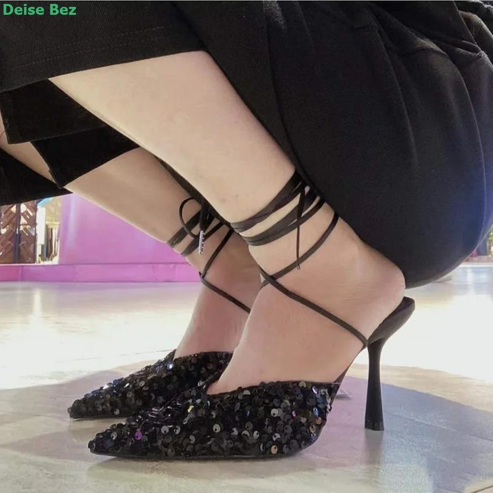 

Туфли-лодочки женские с перекрестной шнуровкой, заостренный носок, пикантная однотонная модная обувь с ремешком на щиколотке, на тонком высоком каблуке, с блестками