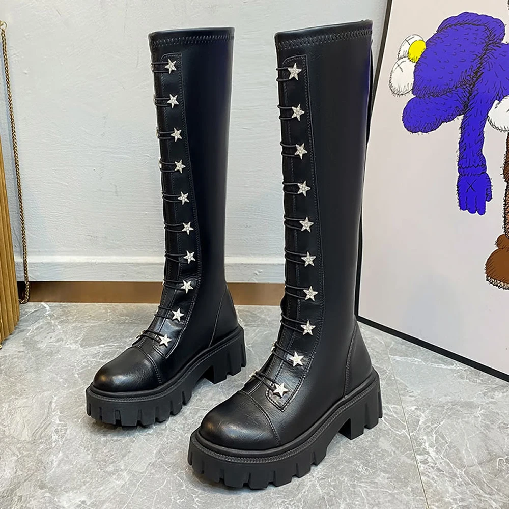 Add fleece design sense back zipper high boots 2023 women new thick soled shoes mid-heel matching color student boots