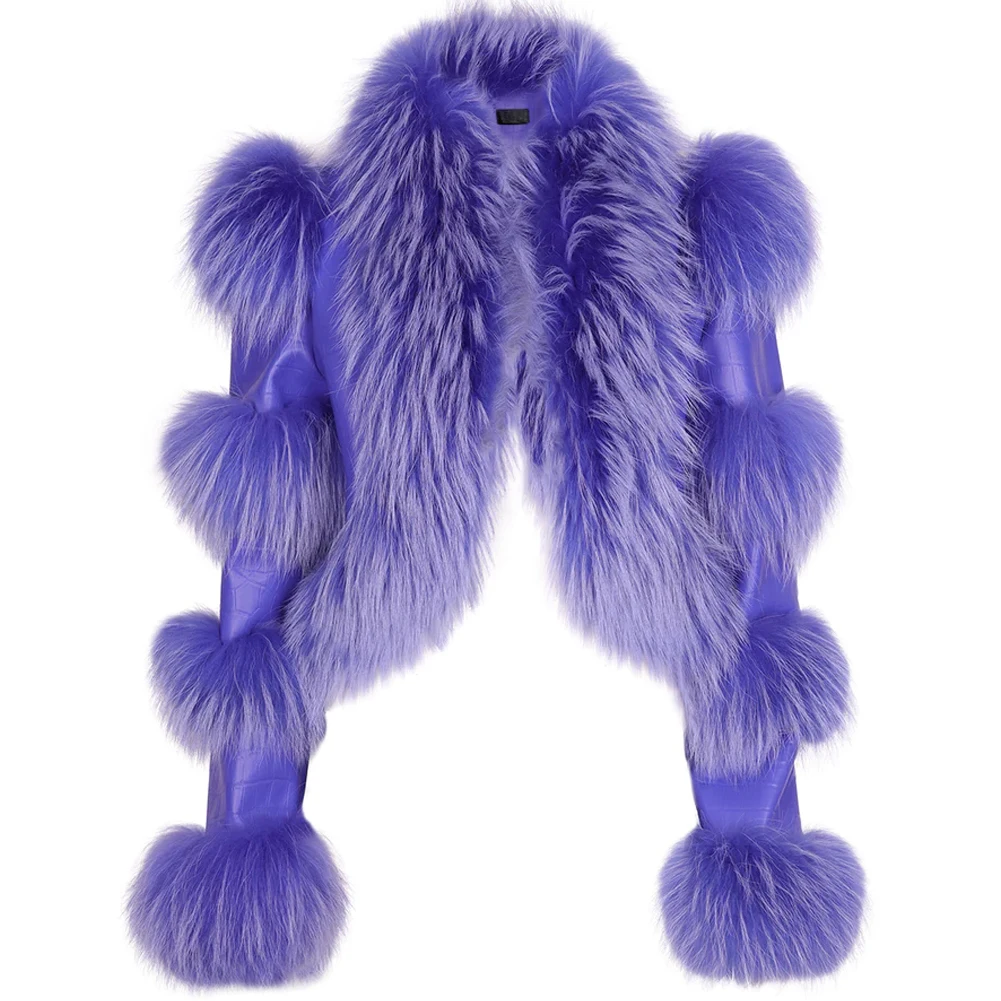 Denny &amp Dora Фиолетовая женская байкерская кожаная куртка с меховым воротником