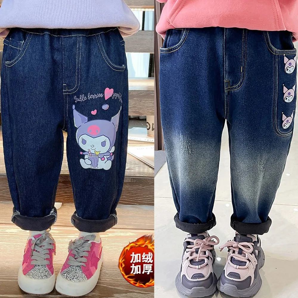 

Sanrios Kawaii Kuromi Girls Plush Jeans Autumn Winter Children New Constant Temperature Warm Lovely Fashion Casual Pants Gifts
