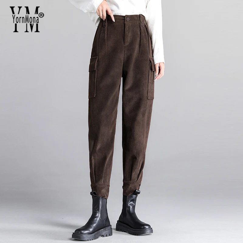 

YornMona Women Pants 2022 Autumn Winter New Basic High Waist Big Pockets Corduroy Harem Pants Casual Ladies Trousers