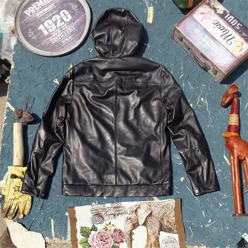 Мужская повседневная одежда из натуральной кожи с капюшоном большие размеры