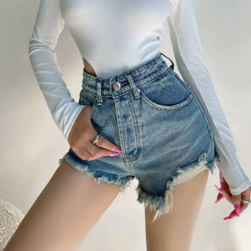 Distressed Ragged Denim Shorts Women'S Vintage Slim Fit Shows Thin Legs Long Waist Wide Leg Hot Pants