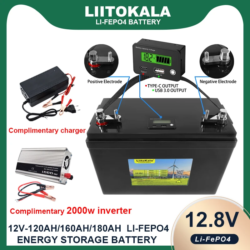 LiitoKala 12 в 2000 а/ч LiFePO4 батарея для использования на открытом воздухе Автомобильный многофункциональный USB 3.0 Type-C выход Вт Инверторное зарядное устройство