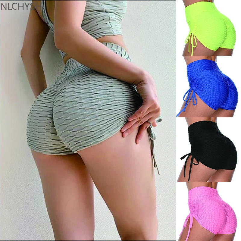 

High Waist Anti Cellulite Workout Shorts with String Women Solid Push Up Scrunch Booty Yoga Short Pants Gym Fitness Biker Tights