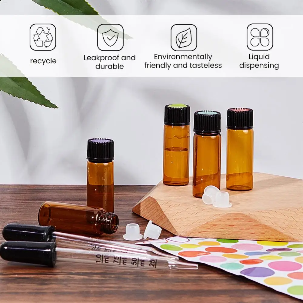 40Pcs Glass Bottles 5ml Small Amber Sample Vials Essential Oil Perfume Replace Jars with Graduated Droppers Labels DIY Kits