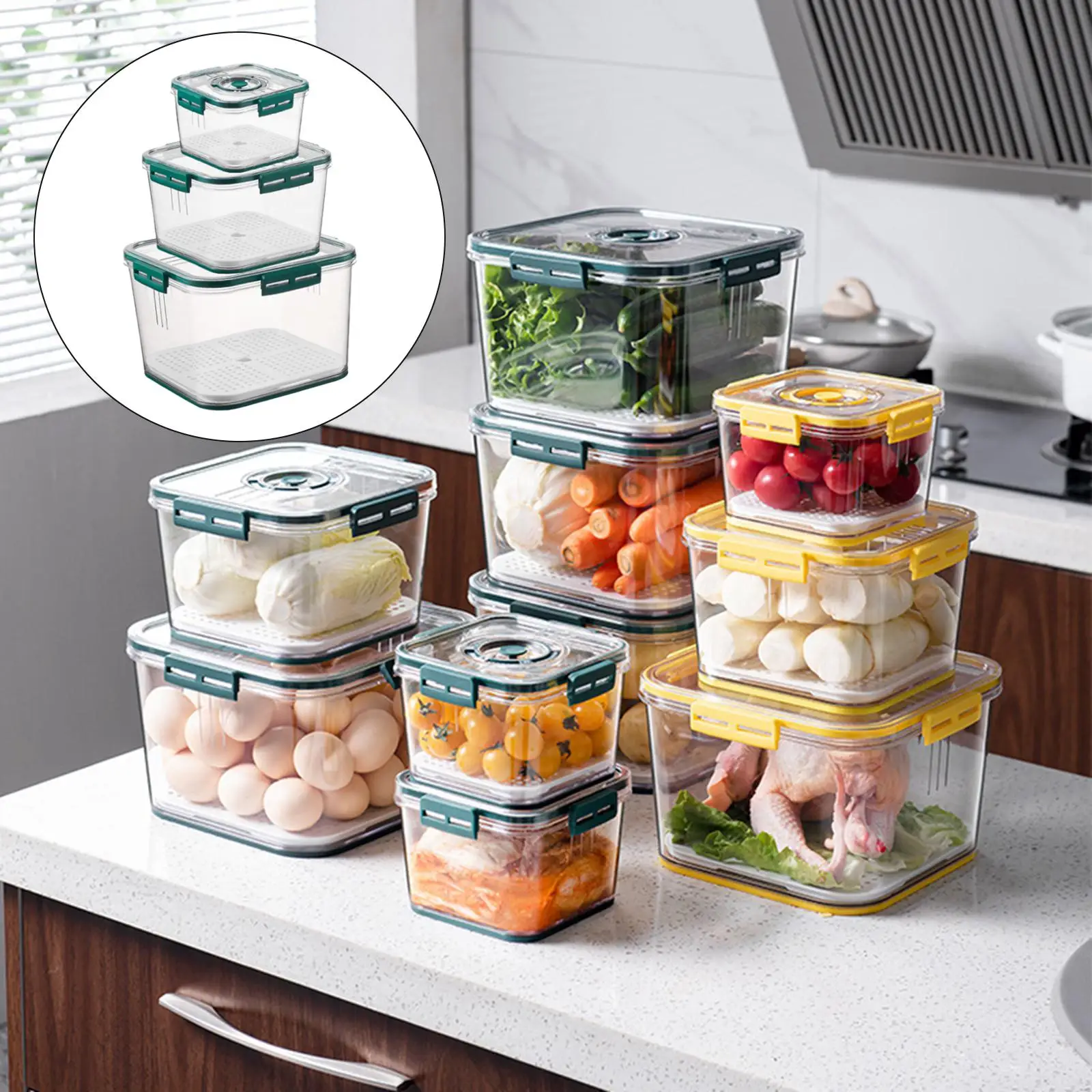 

3Pcs Portable Food Storage Box W/ Draining Board for Countertops Kitchen