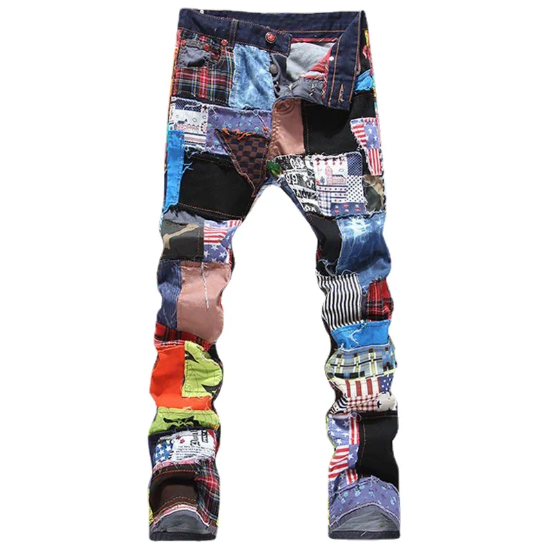 

Men's Patchwork Spliced Ripped Denim Jeans Male Fashion Slim Colored Patch Buttons Fly Straight Pants Free Shipping