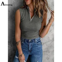 Women Fashion Zipper T-shirt Solid Basic Pullovers 2022 New Sexy V-Neck Tees Shirt Sleeveless Knitted Tops Clothing Size S-3XL
