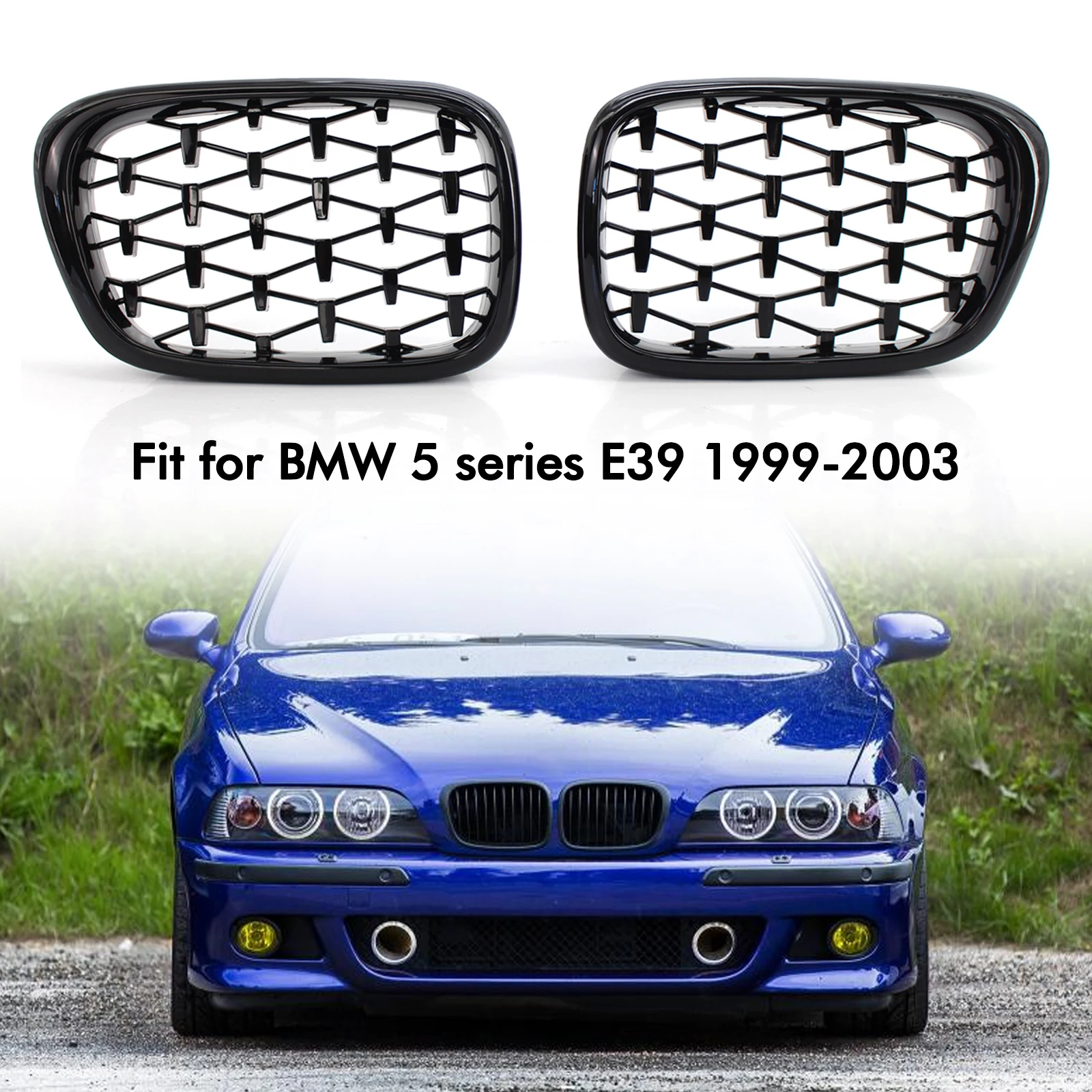 1Pair Front Hood Grille Diamond Meteor Style For 1999-2003 BMW 5 Series E39 99-03 5113700583 Gloss Black7 51137005838