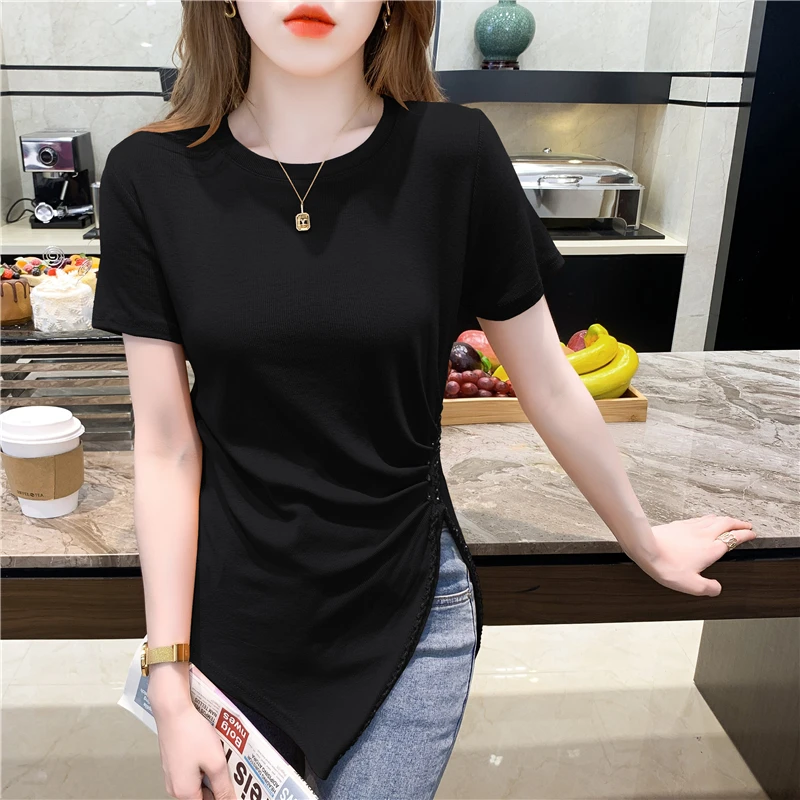 

Fashion Casual Woman Tshirts Women Sexy Tops Female Office Lady Beautiful Aesthetic Girls Asymmetric Split T Shirts Dropshipping