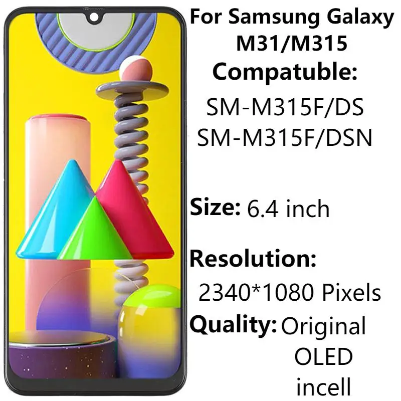 

6.4" Original For Samsung Galaxy M31 LCD Display With Frame SM-M315 M315F SM-M315F/DS Display Touch Screen Digitizer Assembly