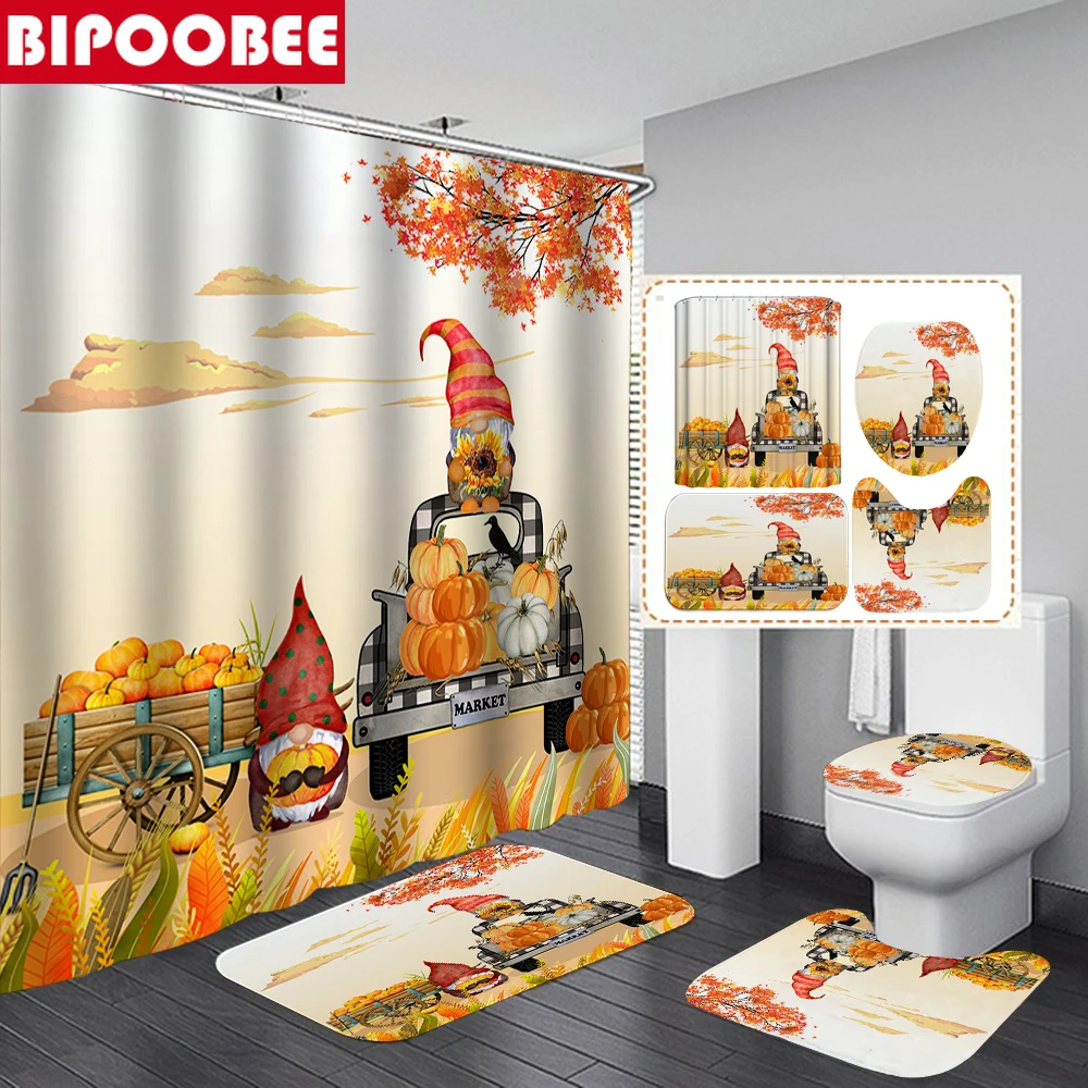 

Autumn Shower Curtain Maple Leaves Fall Cute Gnome Pumpkin Bathroom Curtains Lattice Truck Toilet Lid Cover Non-slip Bath Rugs