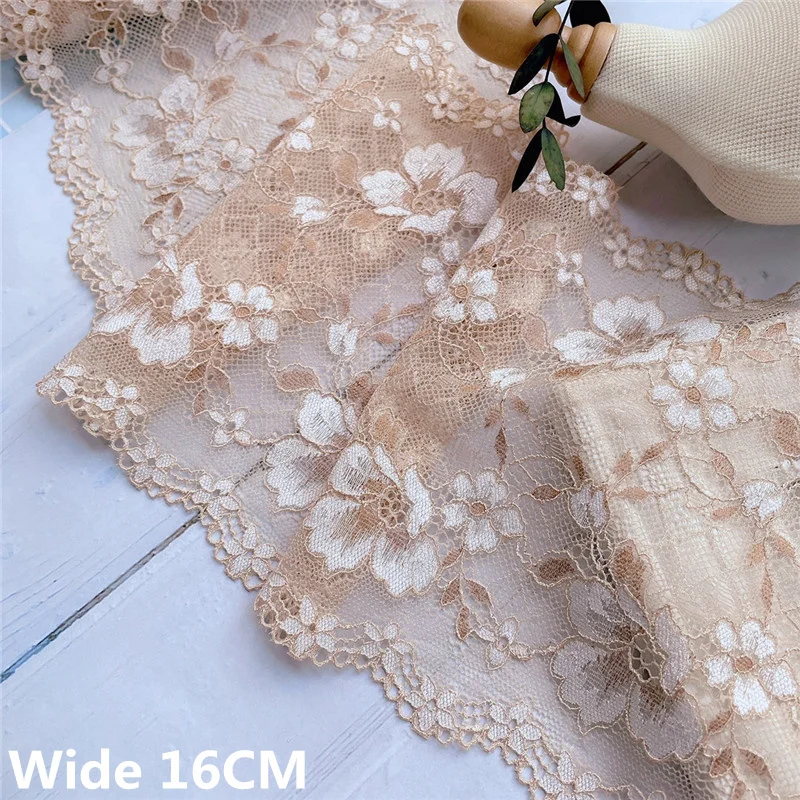 

16CM Wide Light Brown Soft Mesh Elastic Lace Fabric Floral Embroidery Ribbon Cloth Scarf Dress Collar DIY Sewing Apparel Decor