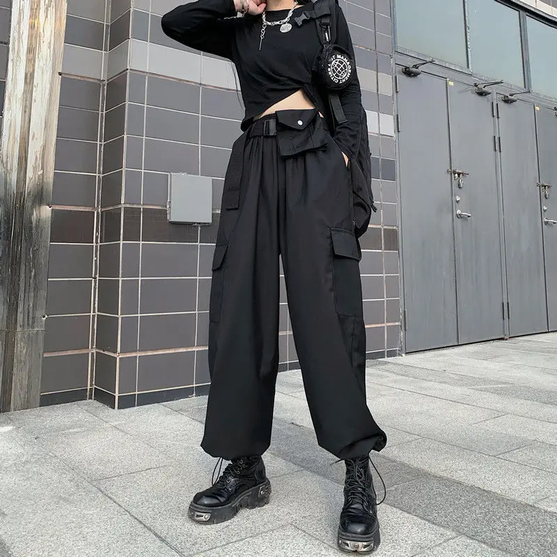 Black Cargo Pants Women Korean Fashion Streetwear High Waist Loose Wide Leg Pant Woman Spring Autumn New S-2XL