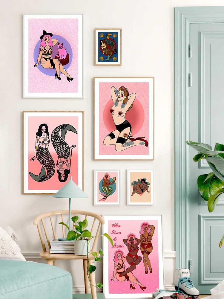 Розовый Леопард Девушка Феминизм Русалка Ретро Настенная Картина на Холсте