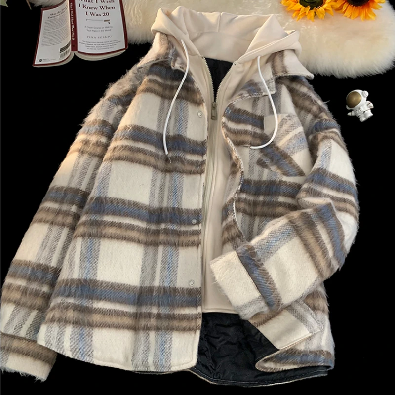 Куртки на молнии с капюшоном женские корейские модные клетчатые куртки из 2