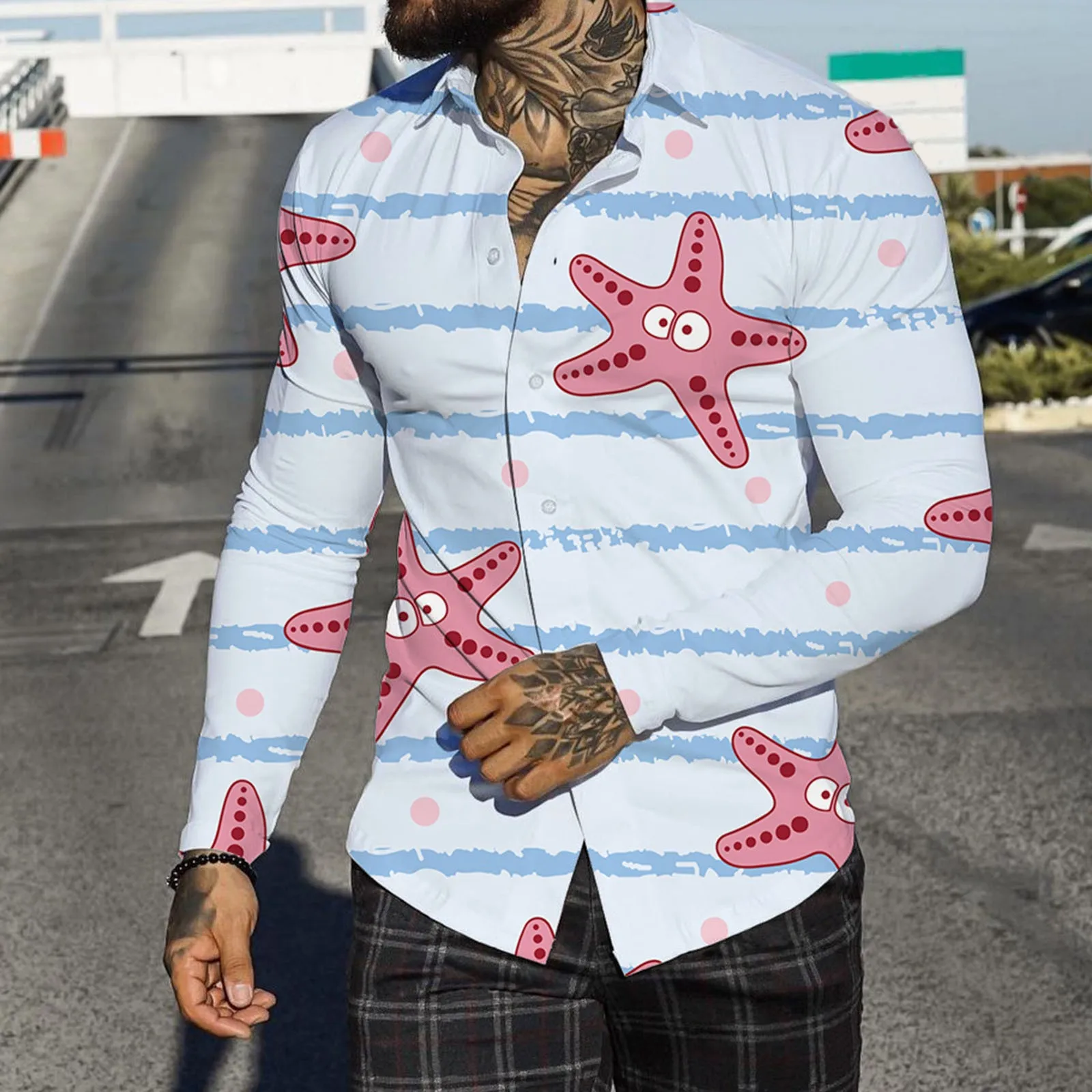 

Soft White Men Autumn Winter Single Breasted Casual Lapel Full Print Beach Long Sleeve Vacation Outdoor Navy Top V Neck T Shirts