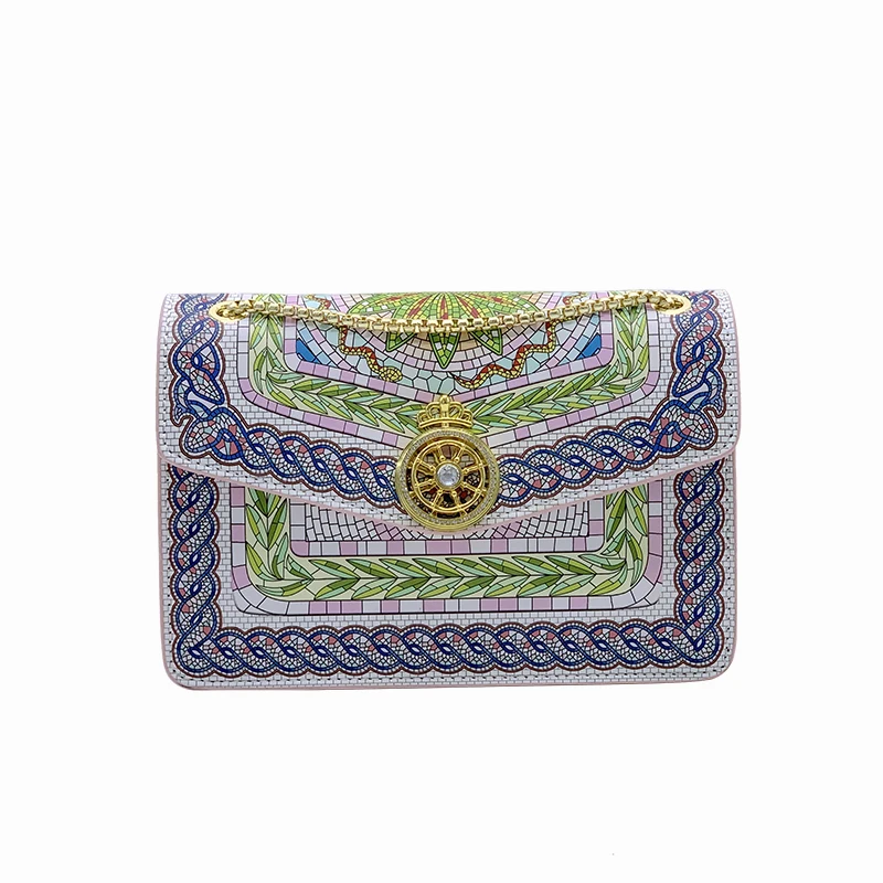 

Luxury Multi-color Ethnic Style PU Leather Handbag Metallic Golden Chain Straps Rainbow Cross Body Bag Lucky Rotate Hardware