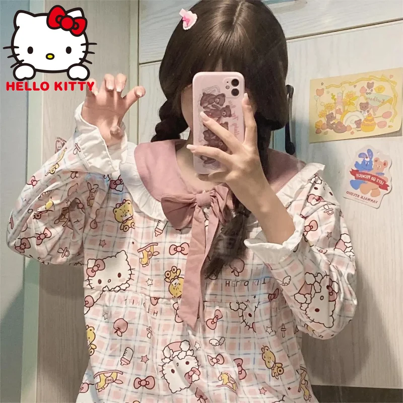 

Kawaii Hello Kitty Pajamas Set Japan Anime Y2K Cartoon Print Character Doll Soft Comfortable Long Sleeve Trousers Housewear Gift