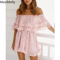 mosimolly pink floral dress women summer chiffon dress women 2022 trendy mini dress off shoulder two pcs set dress