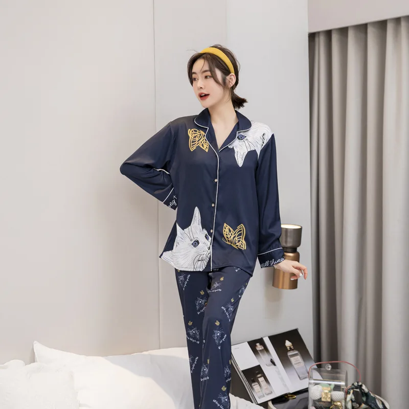 PICKBIRD 2022 Ice silk ladies pajamas spring and autumn sexy long-sleeved cartoon suit summer silk printing net red home service