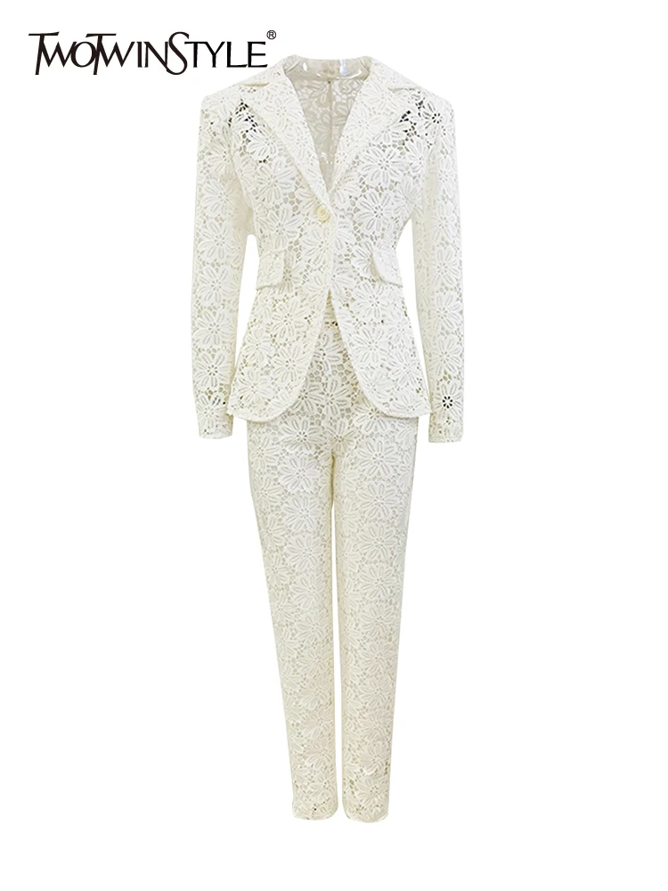 

Женский комплект из двух предметов TWOTWINSTYLE, однотонный кружевной блейзер с английским воротником и длинными рукавами и брюки с высокой талией, 2023