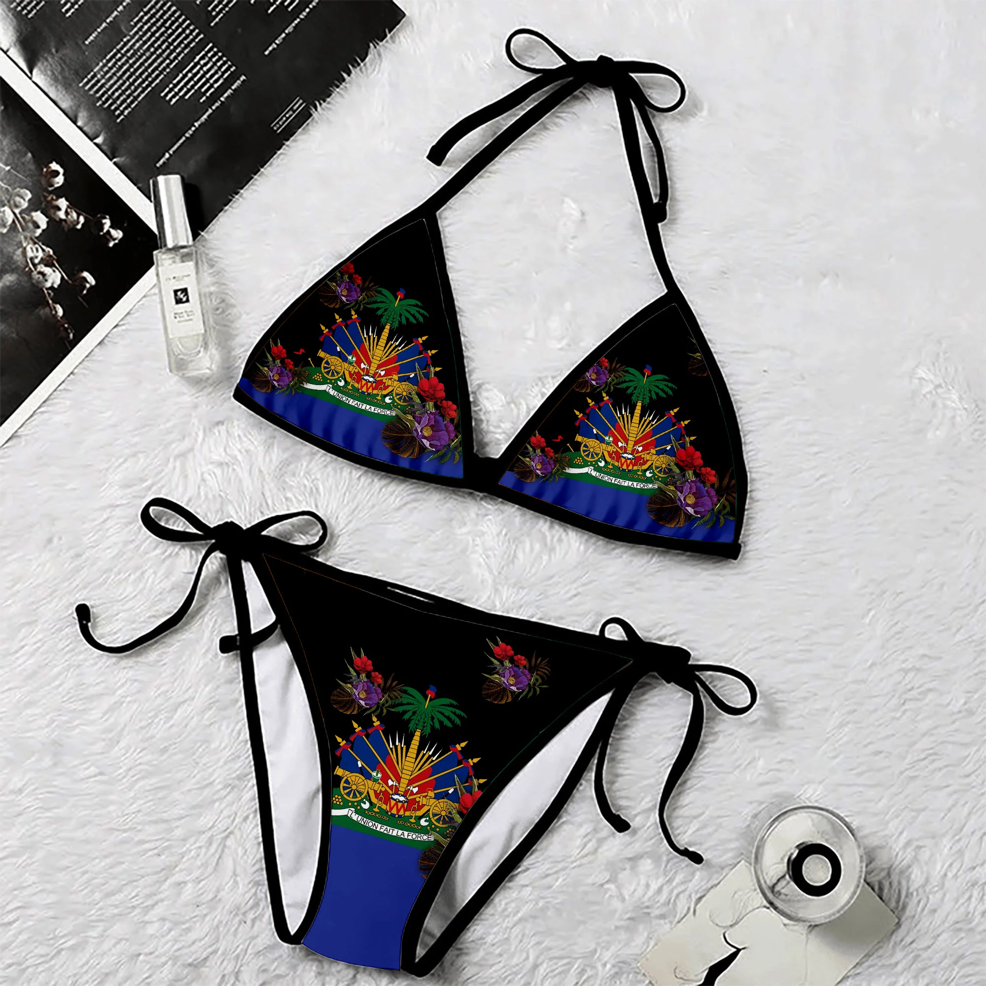 

North America Proud HAITI Symbol Flag Coat Of Arms 3D Print Women Micro Bikini Set Summer Beachwear Sexy Beach Bathing Suits