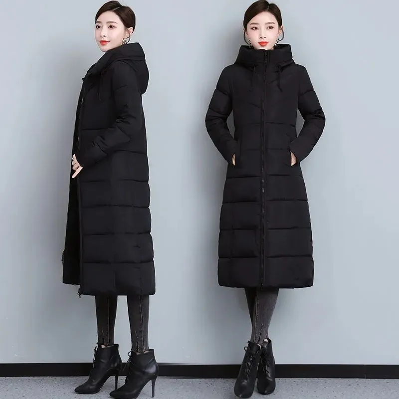Women's Parka 2022 Winter New Long Padded Jackets Slim Waist Hooded Stand Collar Long Sleeve Solid Casual Mother Coat Female Top