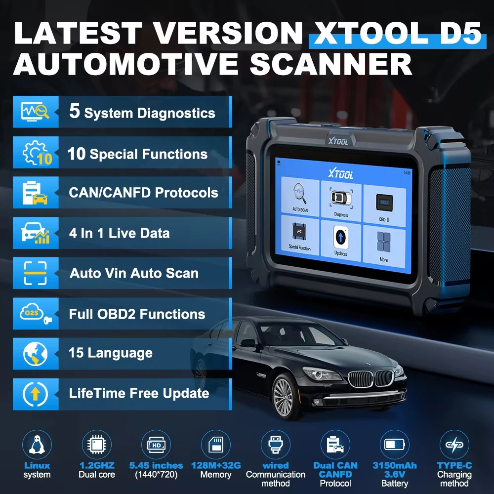 Фото Диагностический сканер XTOOL D5 для автомобилей: диагностика двигателя, трансмиссии, ABS, SRS, EPB, 5 систем, 10+ функций сброса, пожизненные бесплатные обновления, CAN FD №2