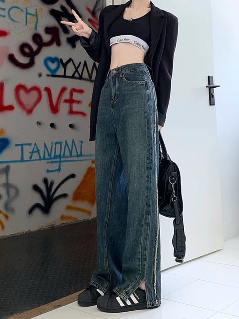 HOUZHOU Wide Leg Jeans Women Vintage Streetwear Baggy Denim Trousers Korean  Fashion Y2k High Waist Casual Oversized Female Chic