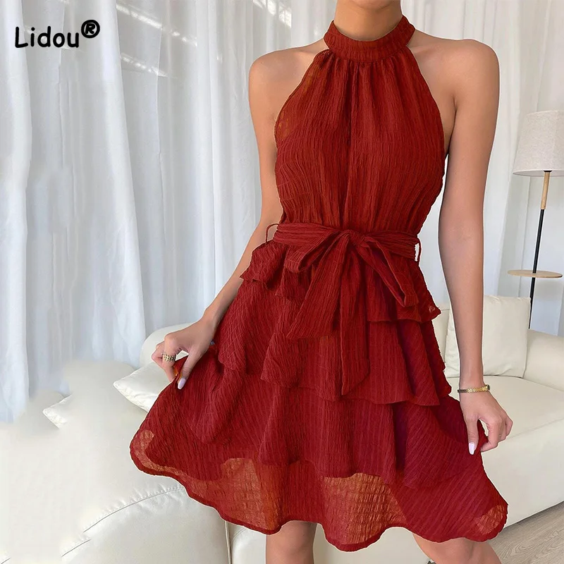 Купи Spring Summer Dress Women Evening Party Sexy Off Shoulder Solid Sleeveless Halterneck Collar Bandage Splicing Ruffle Short Skirt за 1,255 рублей в магазине AliExpress