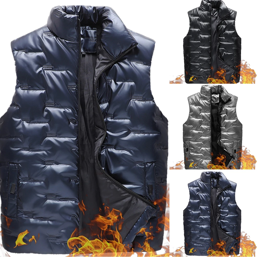 

Waistcoat Men Vest Daily Hiking Jacket Overcoat Shiny Sleeveless Solid Stand-up Collar Tops Travel New Fashion