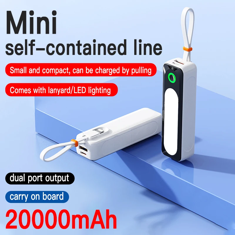 

Mini Portable Power Bank 20000mAh Charger Fast Charging Slim External Battery Internal Cable for IPhone Xiaomi Huawei QC3.0