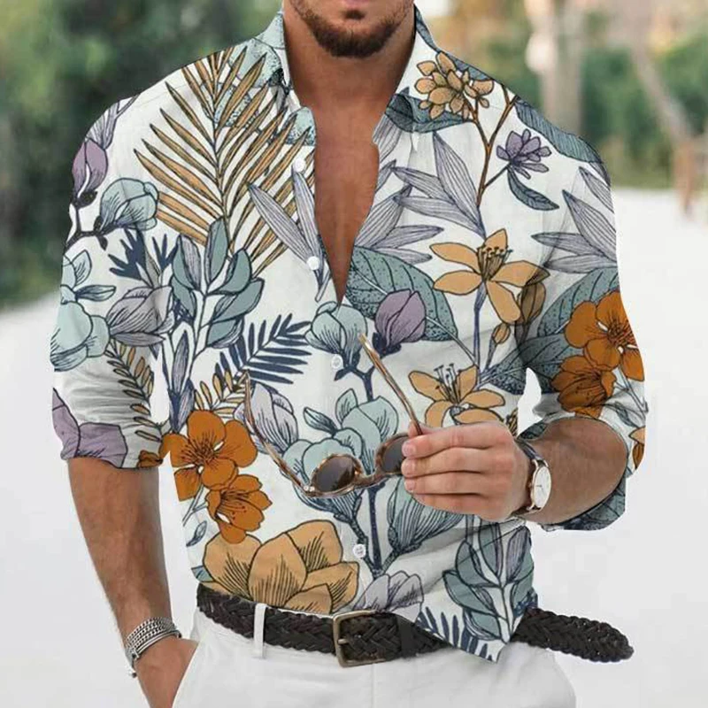 

Men's Autumn Polyester Long Sleeve Shirt Floral Print Casual Male Top Turn-down Collar Shirts Clothes Blouse Clothing For Men