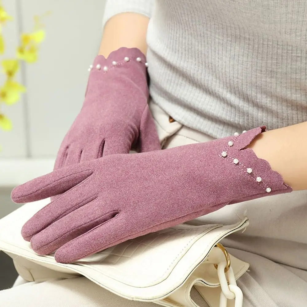 

Women Full Finger Keep Warm Pearl Elegant Mittens Windproof Touch Screen Gloves Cycling Gloves