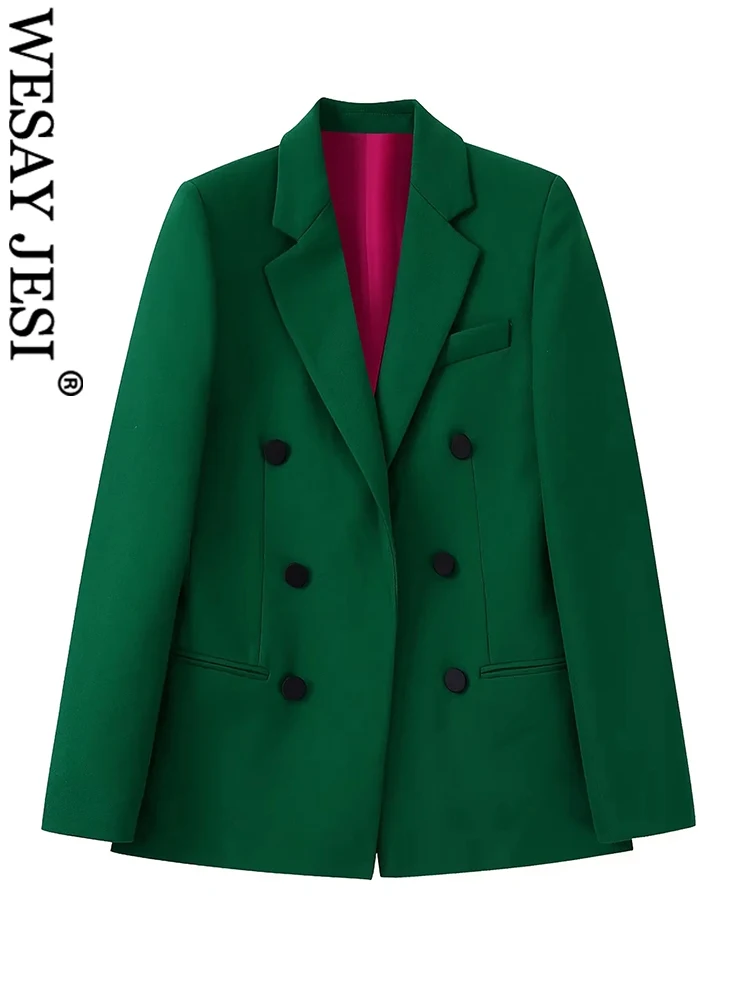 

WESAY JESI Women's Long Sleeve Pockets Female Office Outerwear Fashion Double Breasted Buttoned Green Blazer Coat Chic Jacket