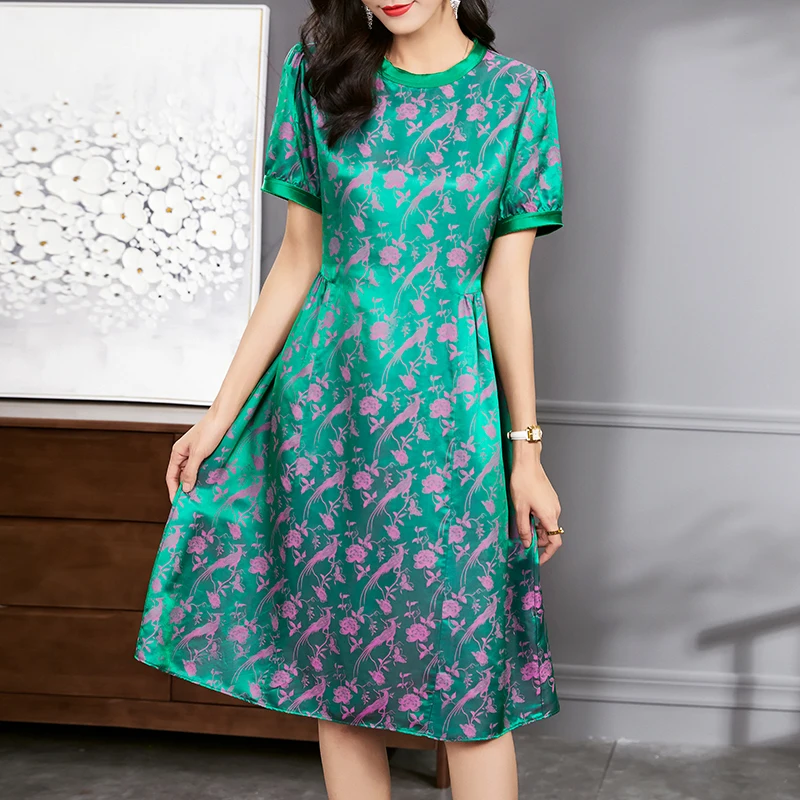 Chinese Style Women's Vintage Dresses Elegant O-neck Short Sleeve 45% Real Silk Woman Floral Print A-line Midi Dress Summer
