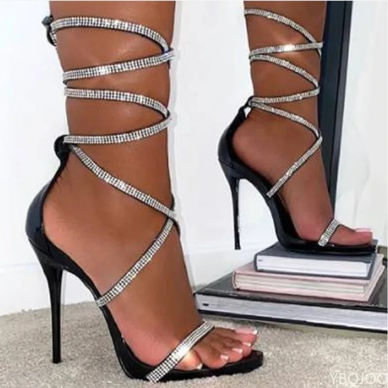 

2022 Summer New Gladiator Women Sandals Fashion Black Ankle Strap Crystal Lace-Up Open Toe High Heels zapatos de mujer