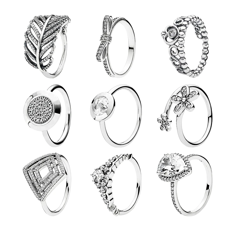 

925 Sterling Silver Couple Finger Rings For Women Fine Jewelry Feather Fairytale Tiara Princess Crown Daisy Flower Teardrop Halo