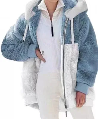 

2022 autumn and winter new loose color matching plush zipper hooded jacket women