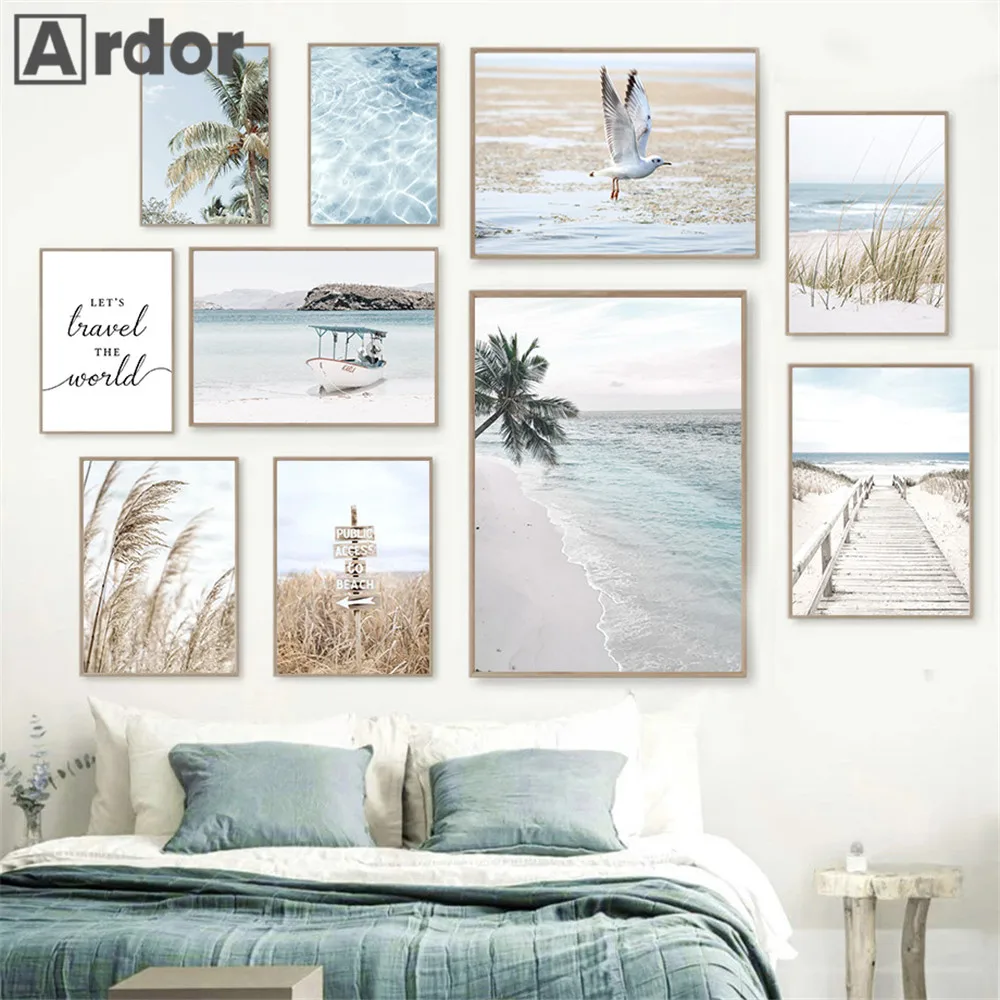 

Blue Sea Scenery Art Poster Beach Painting Seagull Coconut Tree Canvas Print Hay Reed Posters Nordic Wall Pictures Home Decor