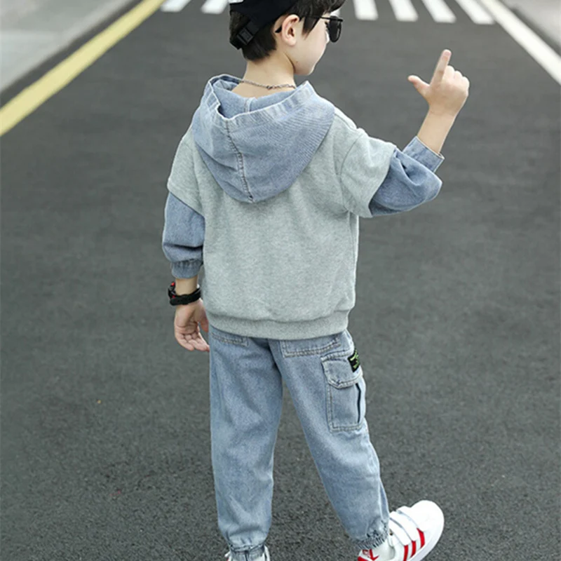 Boys Suit Sweatshirts +Pants Cotton 2Pcs/Sets 2022 Grey Spring Autumn Thicken Kid Sportswear Teenagers Jogging Suit Children Clo