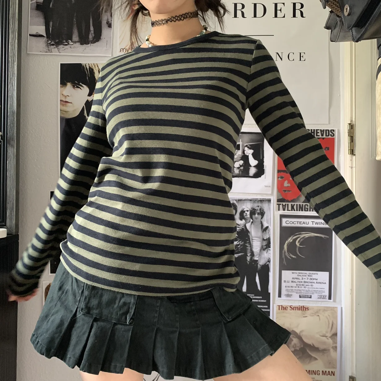 

Spring Autumn Women's Round Neck T-Shirts Casual Long Sleeve Striped Print Slim Fit Base Layer Tee Tops